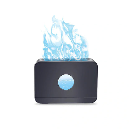 Square two-colour flame aromatherapy humidifier showing mist output and LED lighting effects