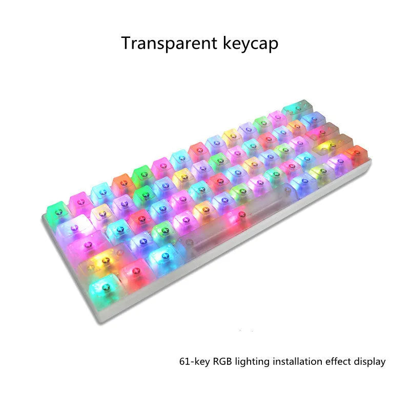 Set of 104 transparent blank PBT keycaps for mechanical keyboards in orange, white, blue, and black colours.