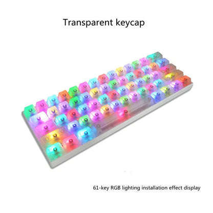 Set of 104 transparent blank PBT keycaps for mechanical keyboards in orange, white, blue, and black colours.