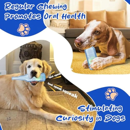Blue natural rubber dog toy shaped like a water bottle with a squeaker tail, for aggressive chewers.
