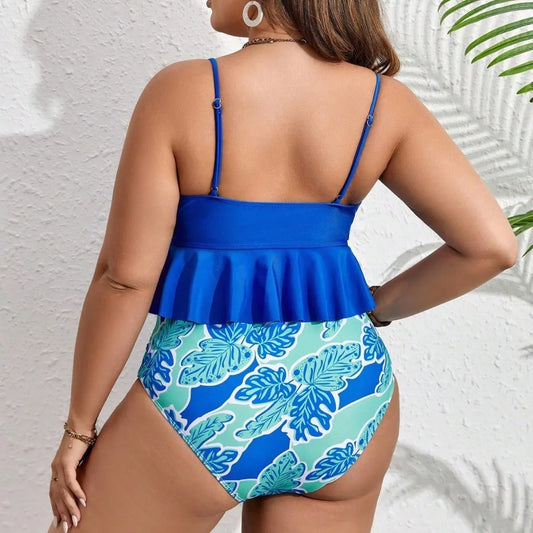 Blue plus size women's bikini set with split-leg briefs, showing front and back fit for sizes 0XL to 4XL.