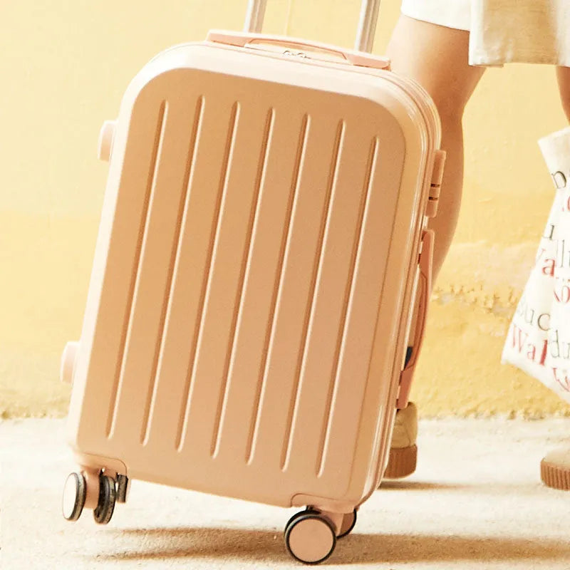 ABS PC hard shell trolley case with universal wheels, pull rod, and soft carry handle in 20 or 22 inch size