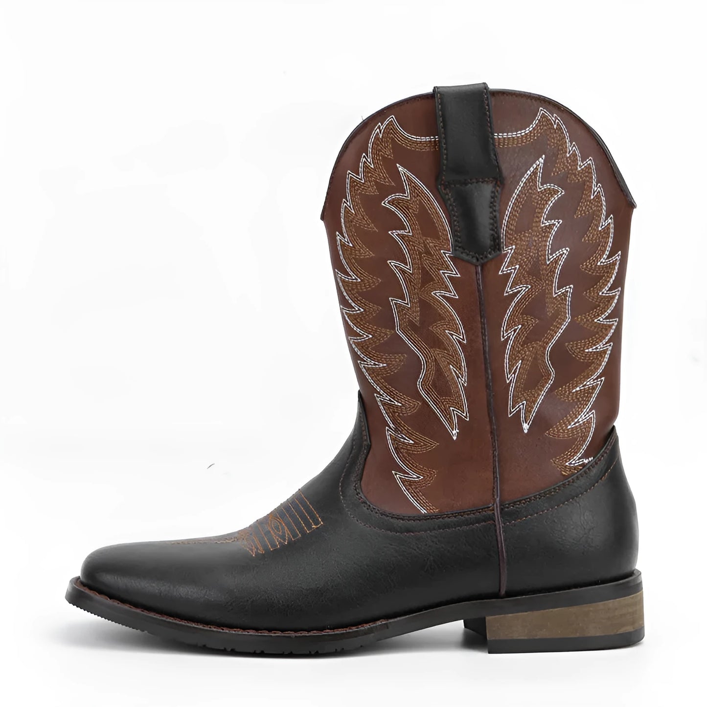 Men's black western denim square toe motorcycle boots with low wedge heel and embroidery detail.