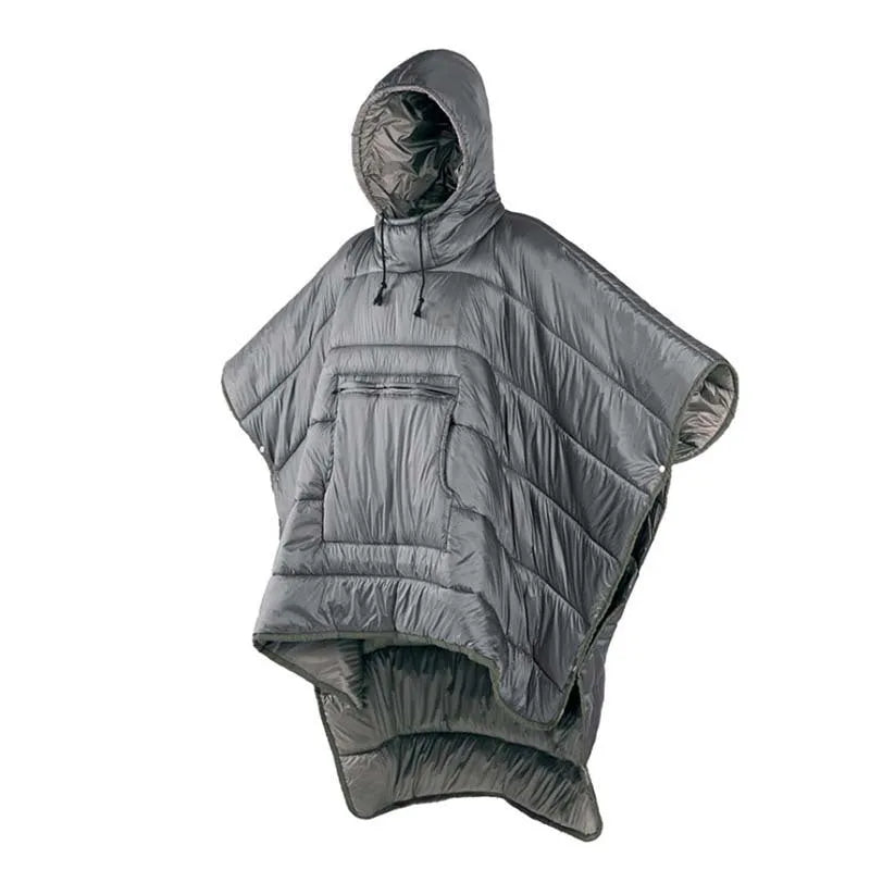 Adult outdoor cloak sleeping bag in Army Green or Grey, showing wearable design and 200x140cm dimensions