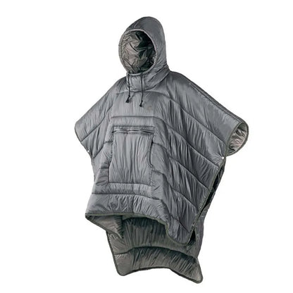 Adult outdoor cloak sleeping bag in Army Green or Grey, showing wearable design and 200x140cm dimensions