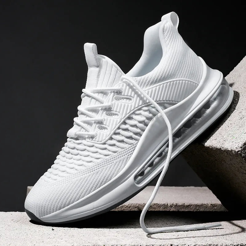 Men's black low-top mesh running shoes with lace-up front and platform sole.