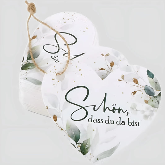 Set of 50 flower heart-shaped paper gift tags in two colour designs, shown alongside a pen.