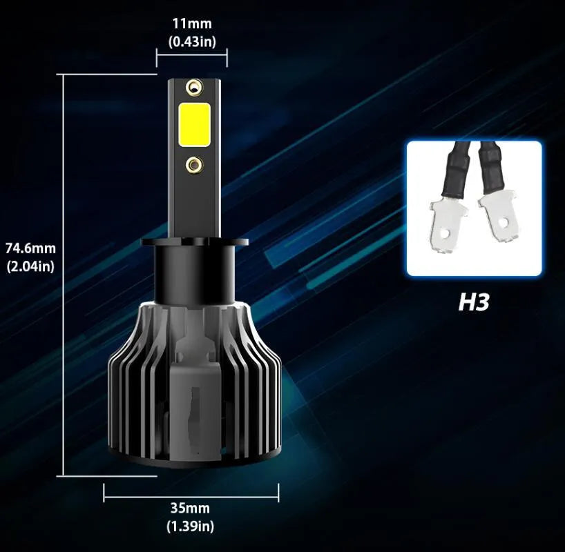 6000K white LED car headlight bulb with adjustable chuck and connector, showing mini design.