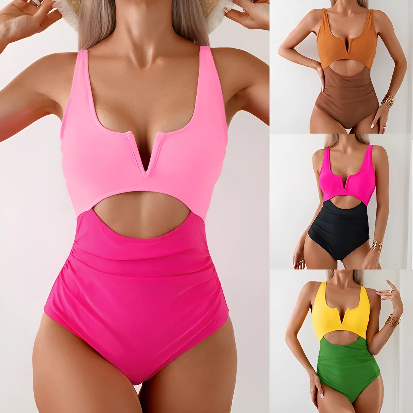 Women's one-piece swimsuit in a contrast colour design, available in black, brown, dark pink, and green.