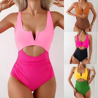 Women's one-piece swimsuit in a contrast colour design, available in black, brown, dark pink, and green.