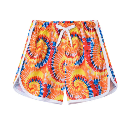 Children's polyester beach shorts in multiple colours and patterns, including leopard print and stripes, shown on size chart.