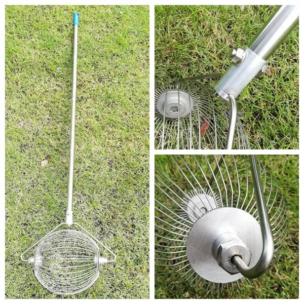 Stainless steel golf ball picker in metallic colour on a green background.