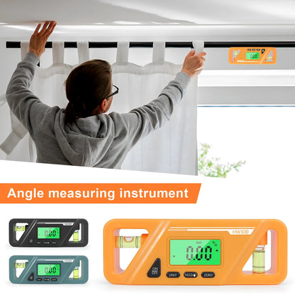 Digital magnetic inclinometer level gauge showing angle readout on its display.