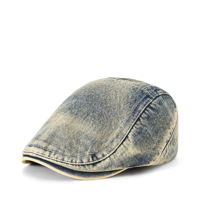 Men's denim baseball cap with flat crown in Korean style, shown in multiple colour options