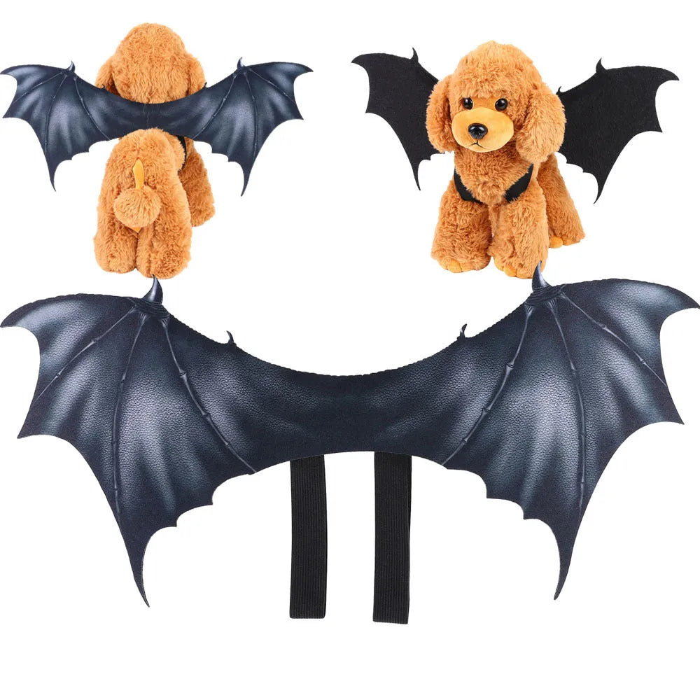 Black cloth bat wings for pet Halloween costume with adjustable straps, shown in three sizes: 40cm, 55cm, and 64cm wingspan