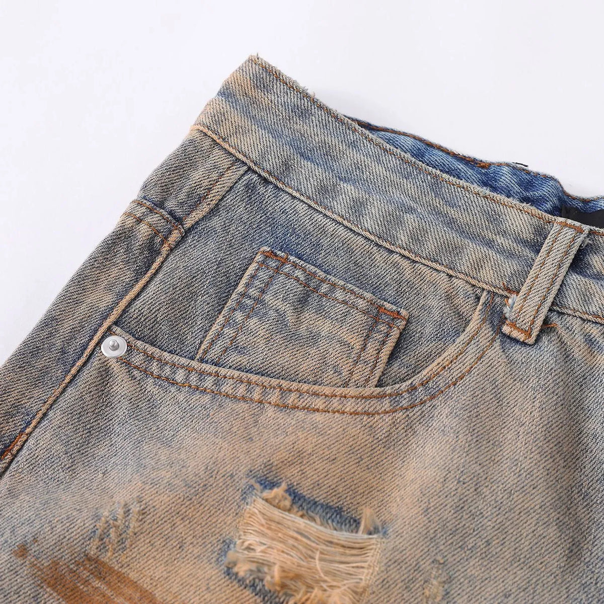 Men's vintage ripped jeans in washed blue cotton, loose straight-leg, mid waist, zipper fly, sizes S-XL.