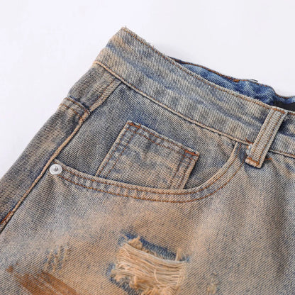 Men's vintage ripped jeans in washed blue cotton, loose straight-leg, mid waist, zipper fly, sizes S-XL.