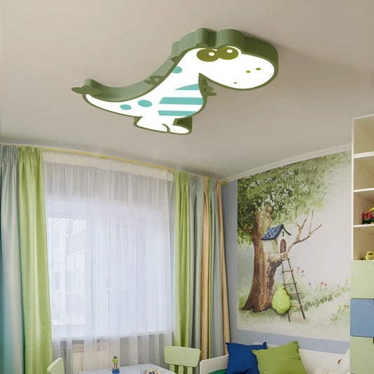 Cartoon dinosaur children's bedroom ceiling light with pink or green shade and aluminium body