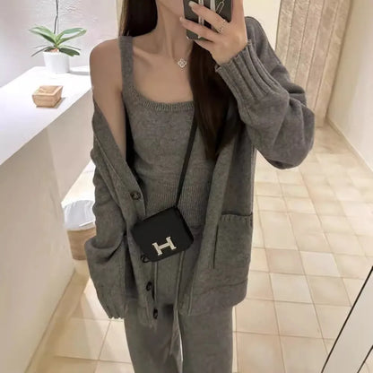 Women's knit cardigan suspender pants three-piece set in light brown wool blend fabric with seamless design