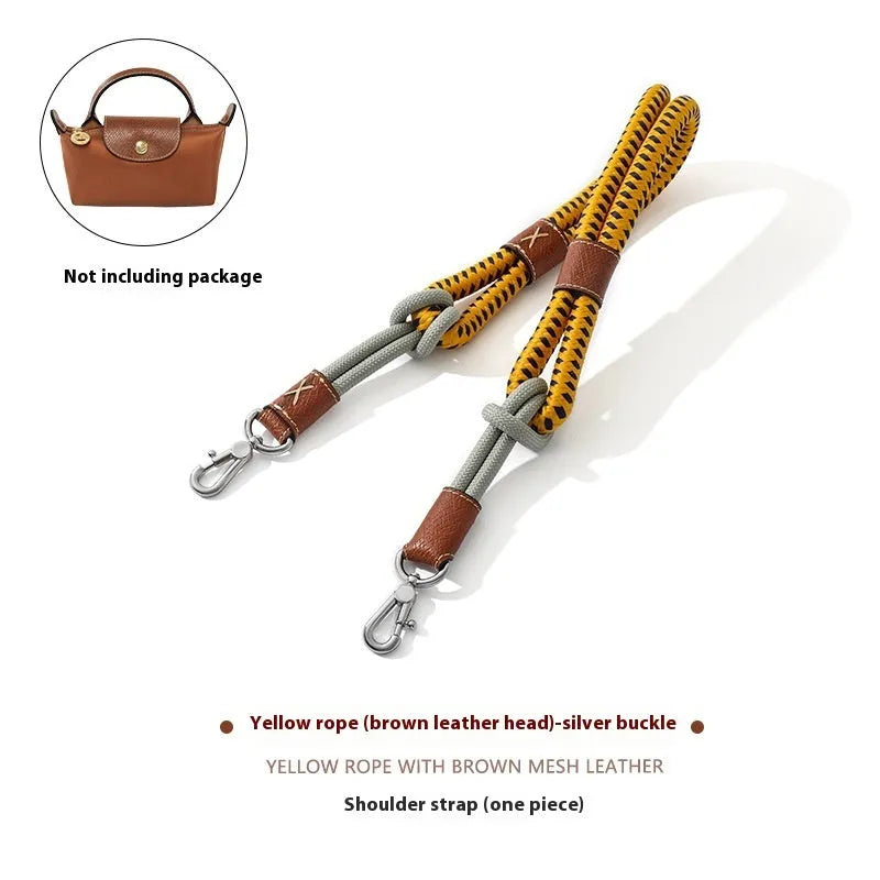 Braided rope shoulder strap with alloy hardware in silver or gold finish options