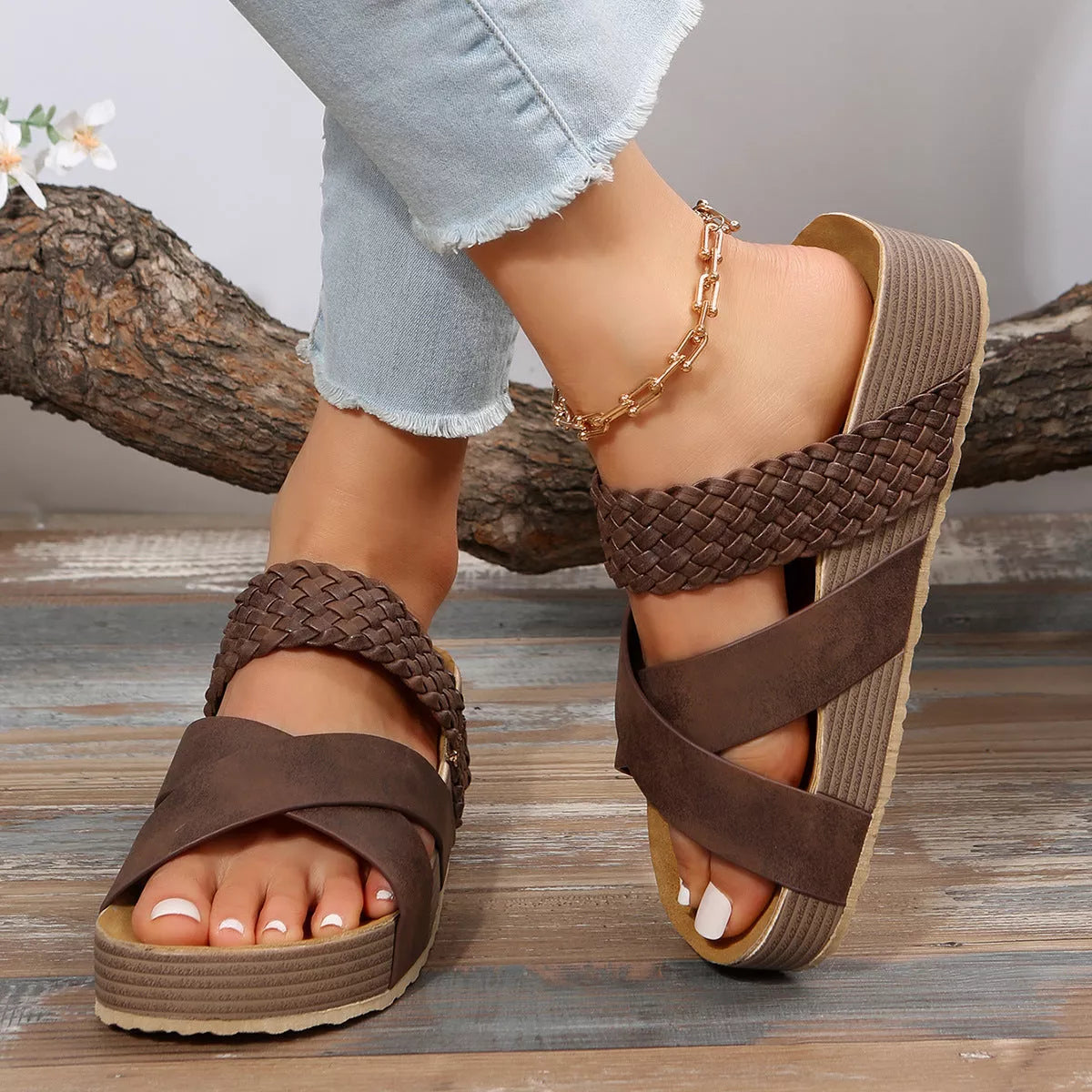 Women's woven cross-strap summer platform sandals in various colors