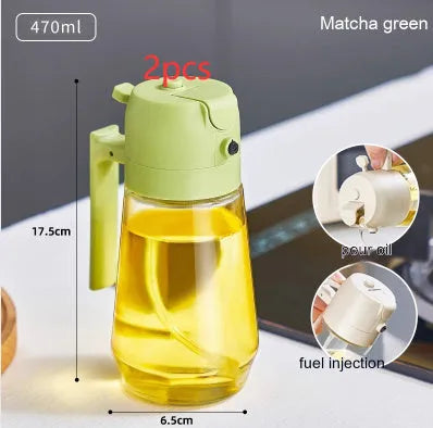 470ml glass olive oil sprayer and pour bottle with ergonomic handle in beige, yellow, green, and black colour options.