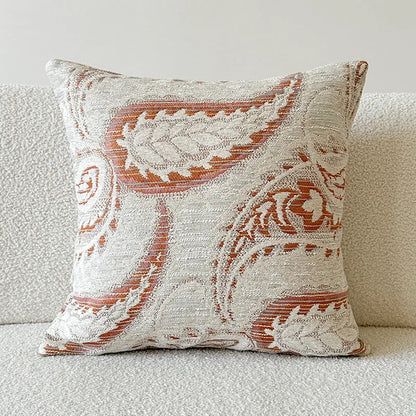 American-style yarn-dyed jacquard sofa pillow cover with thickened paisley design in amber colours, showing plant and flower pattern.