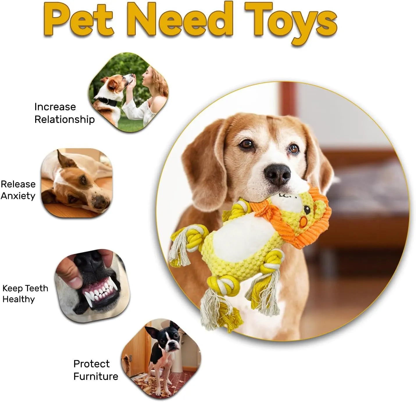 Plush squeaky dog toys bundle with lion and monkey designs, stuffing-free for medium large dogs