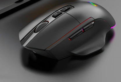 Black rechargeable wireless RGB gaming mouse with 1600DPI optical sensor and charging cable