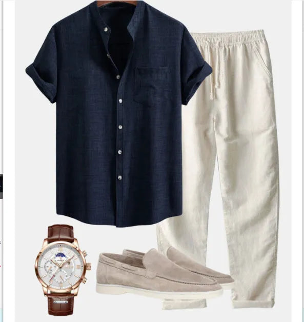 Men's blue slim-fit short-sleeved shirt with stand collar, part of a casual set with pants and shoes.