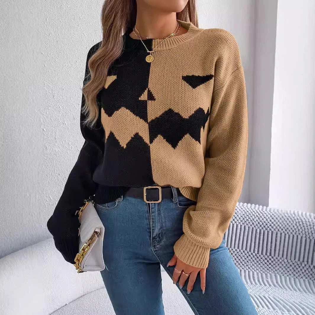 Cozy Halloween pullover sweater with ghost pattern in orange, khaki, and grey colors