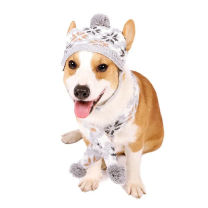 Grey Japanese-style retro jacquard pet sweater, hat and scarf set on a small dog model.