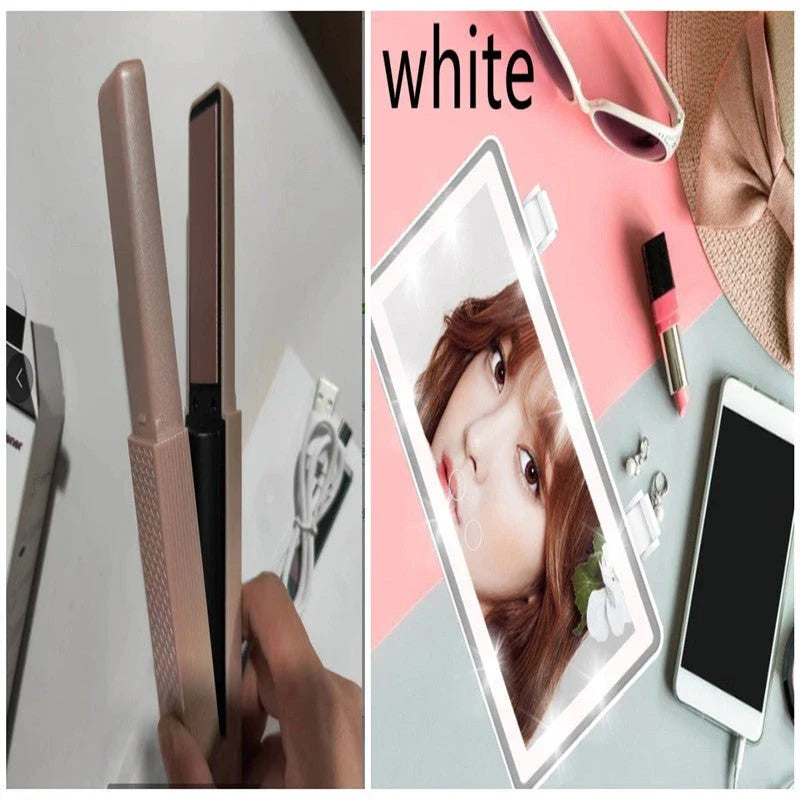 Cordless USB hair straightener with ceramic plates, perfect for travel and on-the-go styling