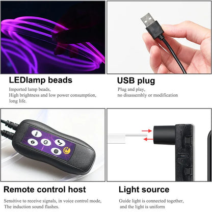 Flexible car LED ambient lighting strip installed on dashboard with USB power cable and colour-changing effects