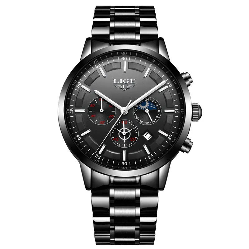 Men's waterproof quartz sports watch with moon display in black and rose red gold