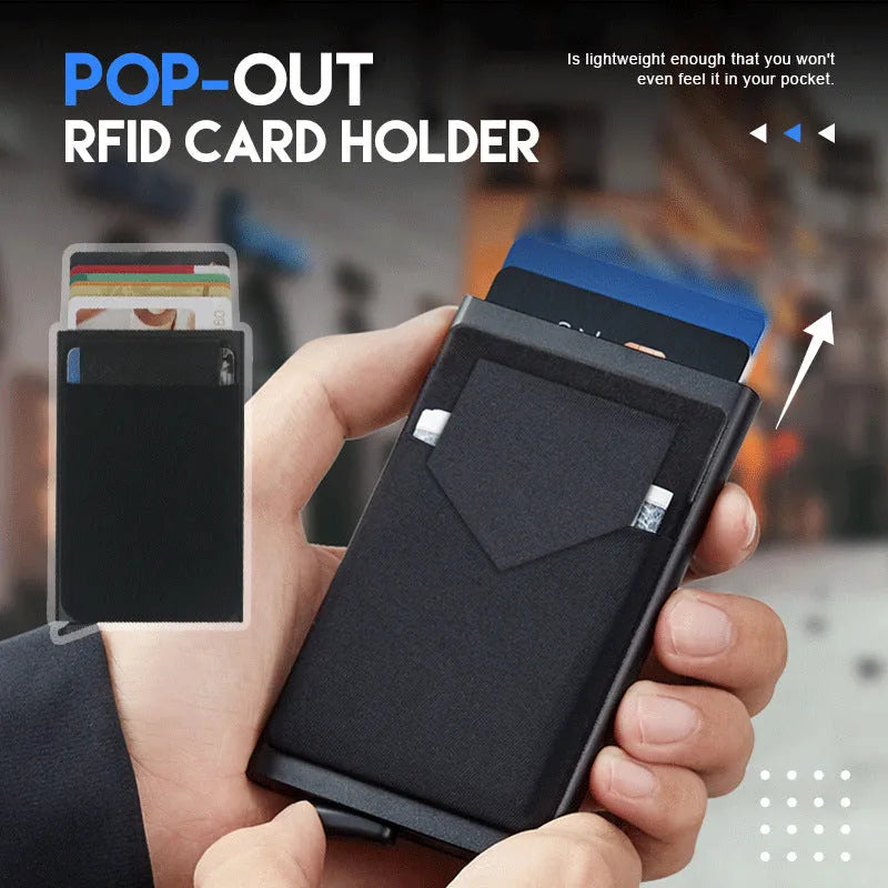 Aluminium alloy credit card holder with frosted finish measuring 9.5x6x1.0cm, showing RFID protection for 4-6 cards
