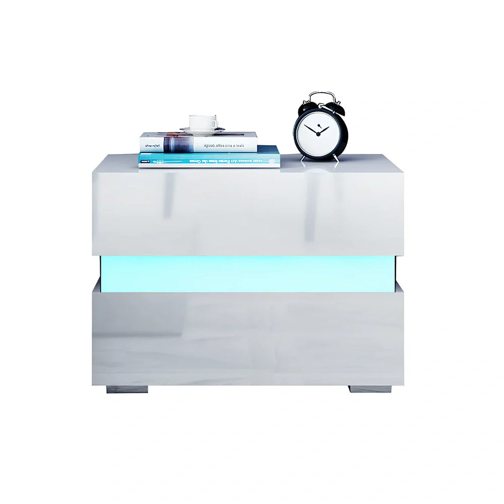 White minimalist two-drawer bedside chest with integrated RGB LED lighting