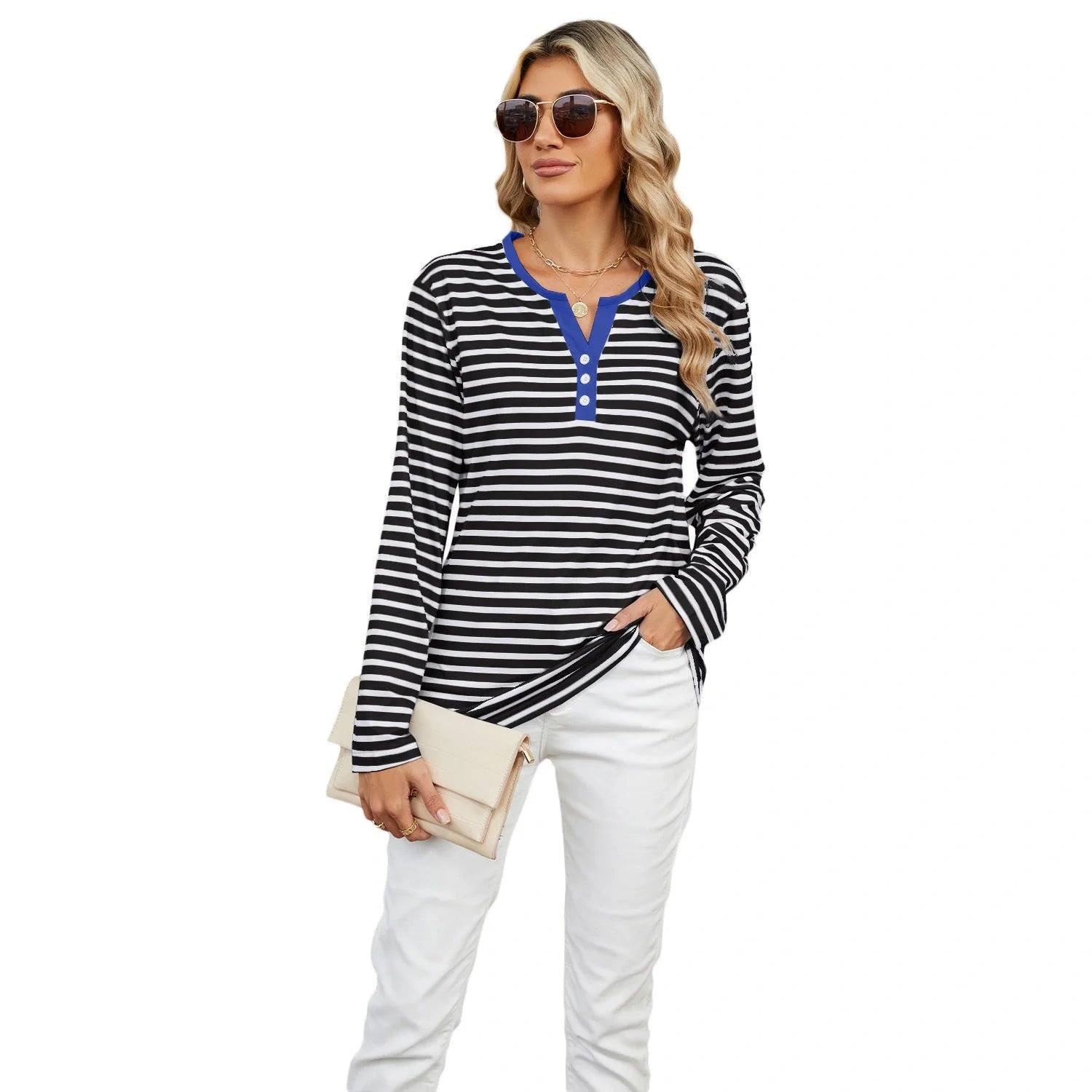 Stylish striped long-sleeve V-neck top for women in various color options