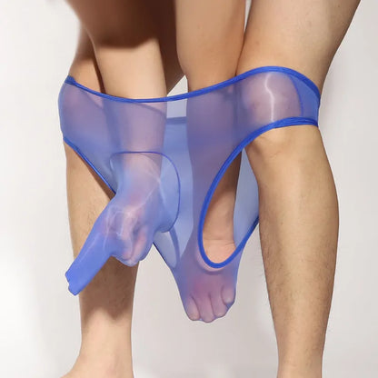 Men's shiny transparent nylon briefs with bullet separation design in multiple colours