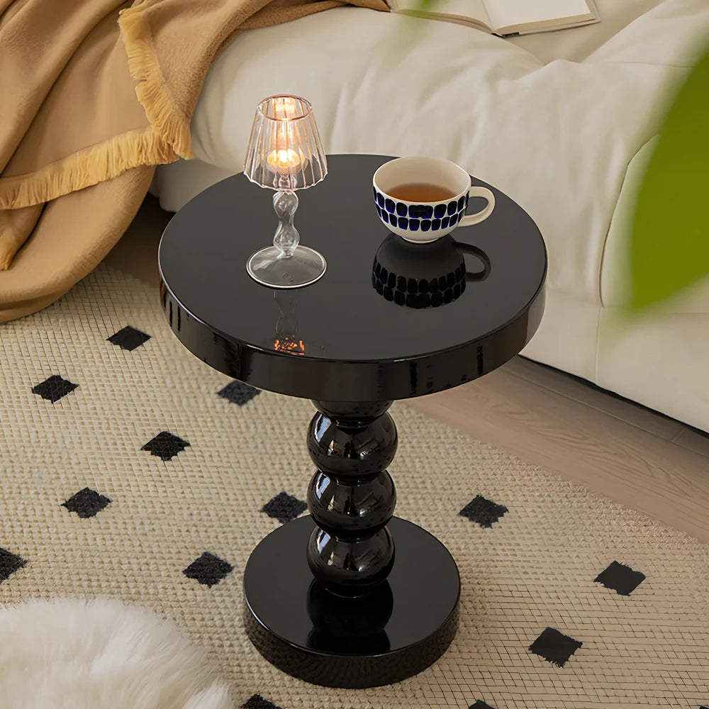 Vintage solid wood round bedside table with 40cm diameter top in minimalist design