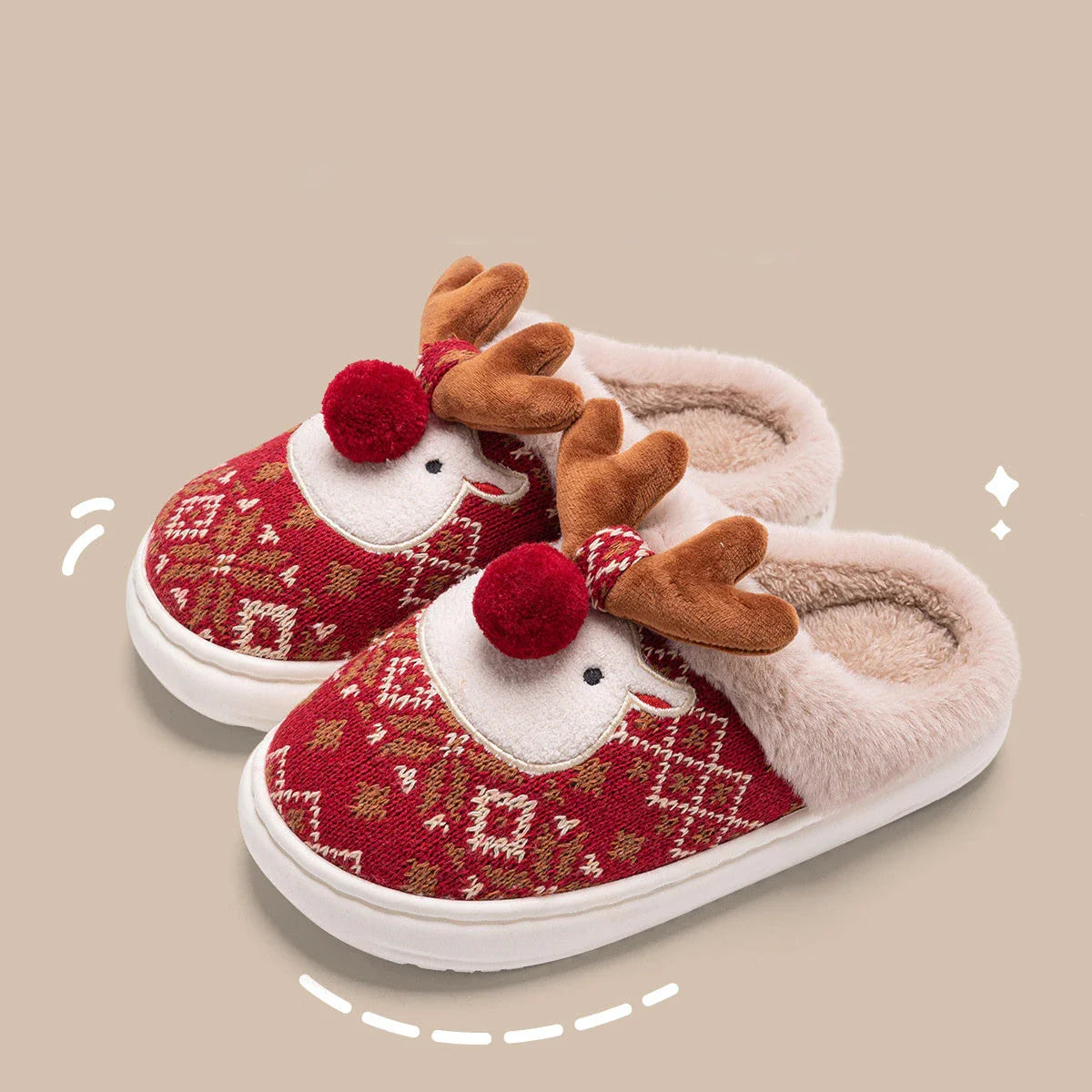 Cozy elk-inspired plush slippers in festive Christmas green and red colors, featuring a soft, comfortable upper and non-slip soles for indoor wear