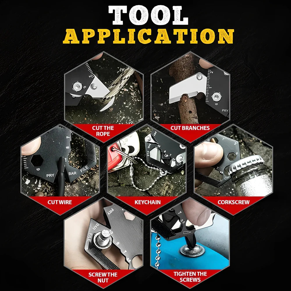 Black multifunctional hexagon keychain knife, 38mm x 13mm stainless steel tool with 2cm blade and key ring