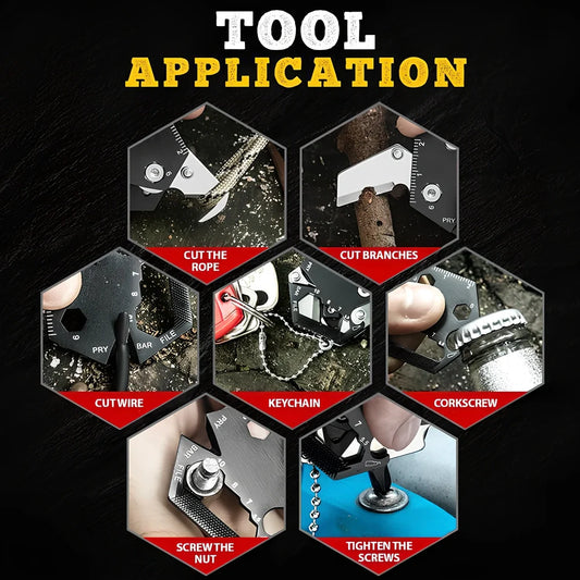 Black multifunctional hexagon keychain knife, 38mm x 13mm stainless steel tool with 2cm blade and key ring