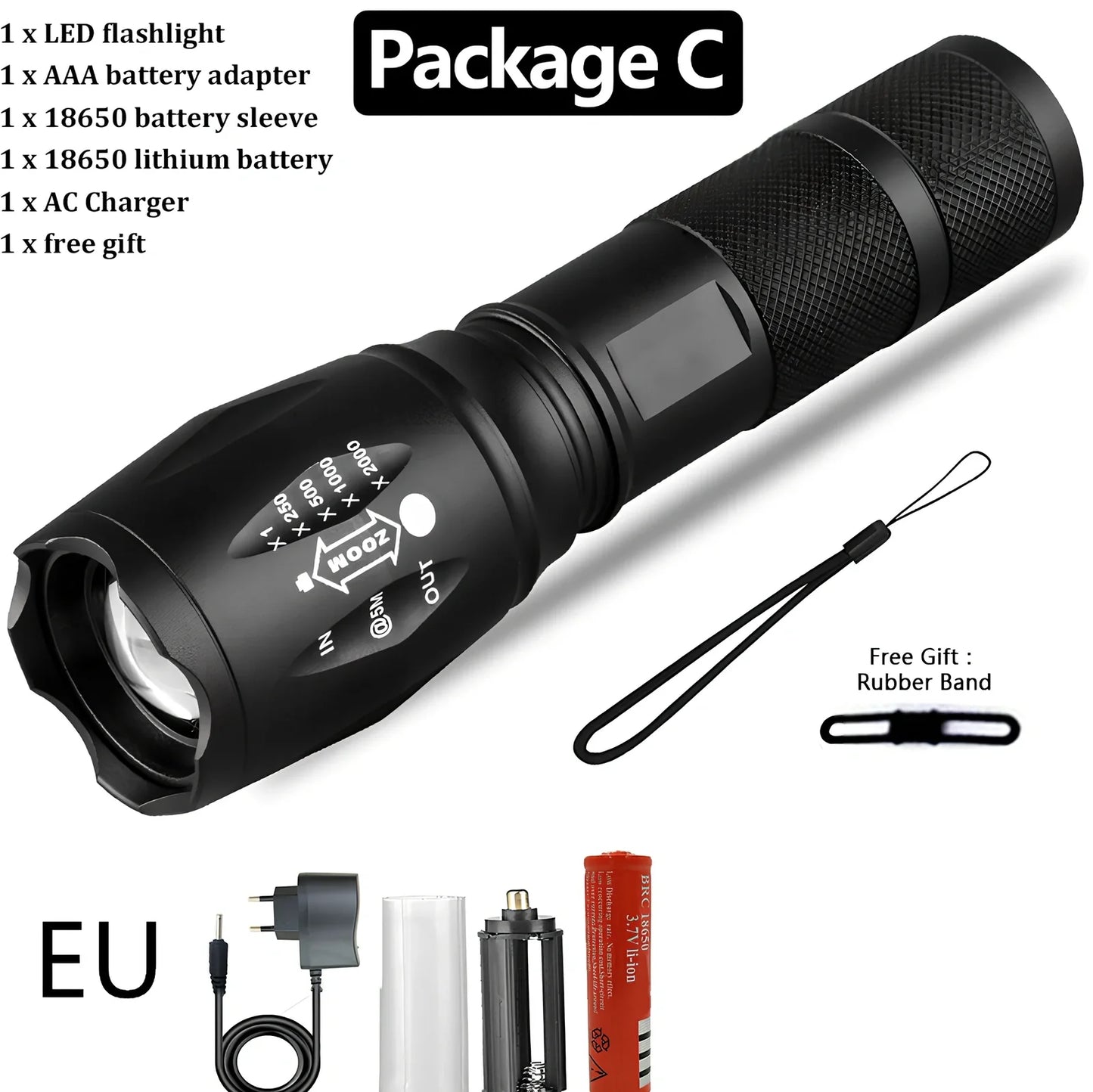 Black aluminium alloy tactical flashlight with telescopic focus and five lighting mode buttons