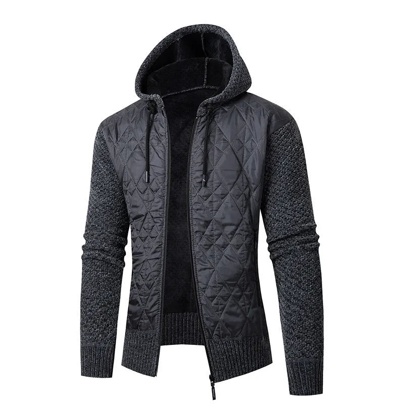 Men's grey hooded sweater coat with cinched style, wool and corduroy fabric, for winter wear