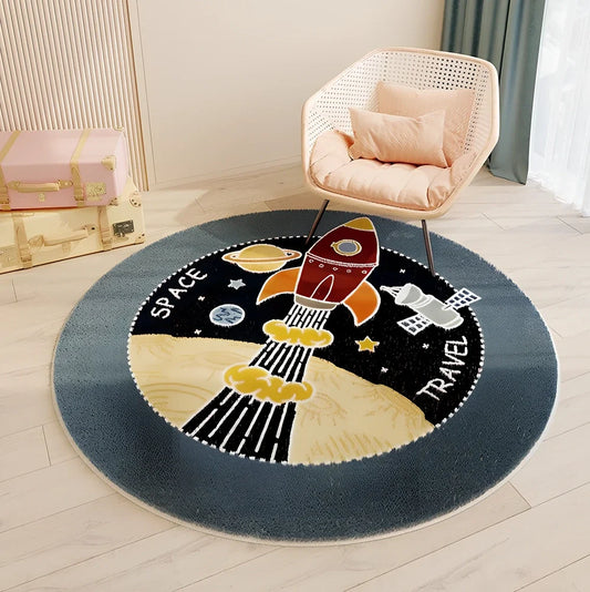Circular children's polyester rug with animal character design, measuring 120cm diameter with soft pile surface