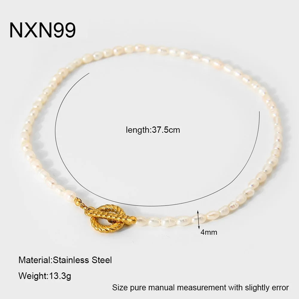 Freshwater pearl and geometric stainless steel necklace and bracelet set for women on a white background.