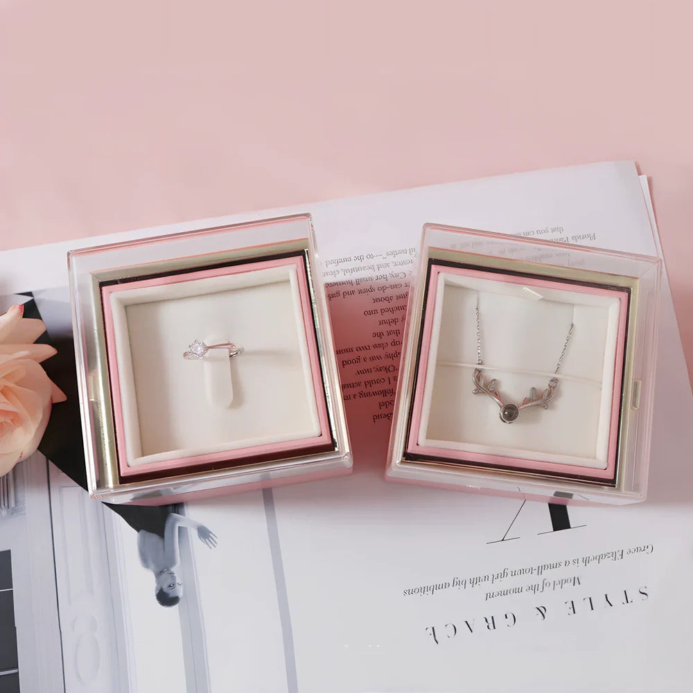 Acrylic rotating rose jewelry box in sapphire blue, 10cm diameter with three-layer storage and carrying bag