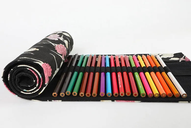 Canvas rolling pencil case with ballet girl print showing elastic loops for pencil storage