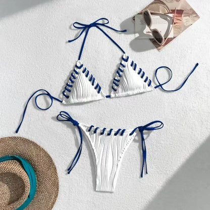 Women's solid colour polyester bikini with eye rope detail, briefs style, sizes S M L